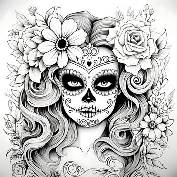 Face of a woman in a mask, flowers all around. For the day of the dead and halloween. Black and white picture coloring book.
