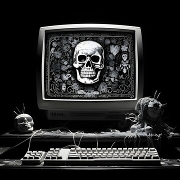 Dark desk, monitor, keyboard, Mouse and skull on the screen For the day of the dead and halloween. Black and white picture coloring book.