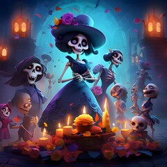 Happy, rejoicing, funny, painted skeletons, skeletons in fairy tale style celebrating. For the day of the dead and Halloween.