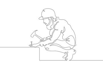 Fototapeta na wymiar A woman works at a construction site. Woman builder. Handyman. Wrench. Repair. One continuous line drawing. Linear. Hand drawn, white background. One line.