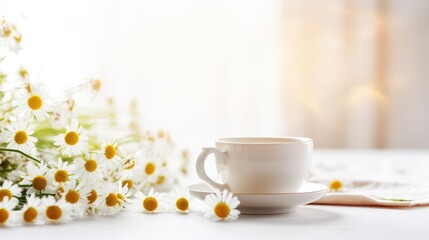healthy hot camomile tea on white table with blurred background