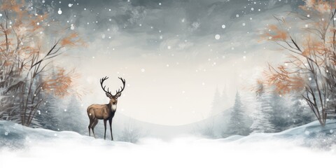 beautiful drawing of a reindeer standing in snow landscape with copy space for winter gift card