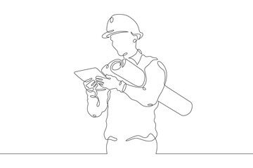 Engineer at work at a construction site. Engineer in a helmet. Construction. One continuous line drawing. Linear. Hand drawn, white background. One line.