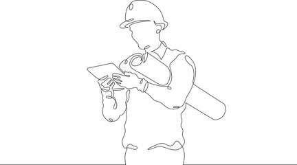 Engineer at work at a construction site. Engineer in a helmet. Construction. One continuous line drawing. Linear. Hand drawn, white background. One line.