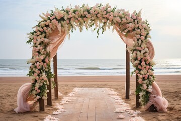 beautiful wooden decorative arch with flowers on the beach - Powered by Adobe