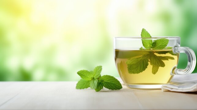 cup of mint tea on white table in spring or summer with blurred background and flower leaves