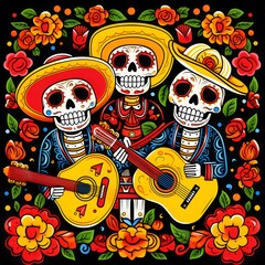 Playing guitars colorful skeletons in Mexican hats around flowers on black background. For the day of the dead and Halloween.