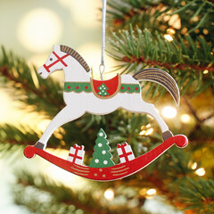 Christmas concept Christmas tree  decoration wooden toy horse rotate on branch tree on background...