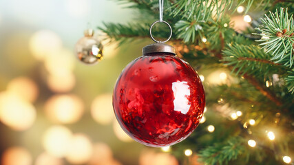 Christmas tree red glass ball on branch close-up decorated burning candles bokeh flickering light bulbs garlands on background. Christmas concept. Celebrate Happy New Year. Noel. Winter holiday family