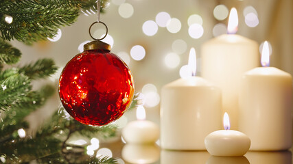 Christmas concept red glass ball rotate on branch Christmas tree close-up burning candles bokeh flickering light bulbs garlands. Happy New Year. Noel. Decorated Christmas tree. Winter holidays family