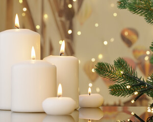 Celebrating Happy New Year home. Winter holidays concept close-up burning candles. Decorated Christmas tree on background. Evergreen tree bokeh flickering light bulbs garlands. Winter family holiday