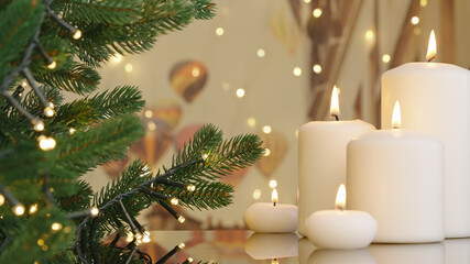 Celebrating Happy New Year home. Winter holidays concept close-up burning candles. Decorated Christmas tree on background. Evergreen tree bokeh flickering light bulbs garlands. Winter family holiday