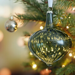 Christmas retro concept green glass ball rotate on branch tree on background bokeh of side flickering light bulbs garlands for family winter holiday Happy New Year. Festival mood. Noel