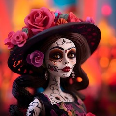 Woman with decorated painted face, elegant party outfit, roses flowers in hair, blurred background. For the day of the dead and Halloween.