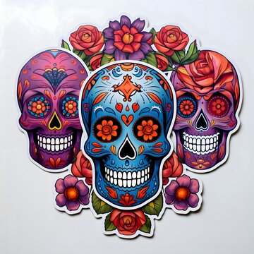Sticker three colorful painted decorated skulls with flowers. For the day of the dead and halloween, white isolated background.