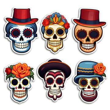 Six stickers; skulls painted, decorated with hats with flowers. For the day of the dead and halloween, white isolated background.