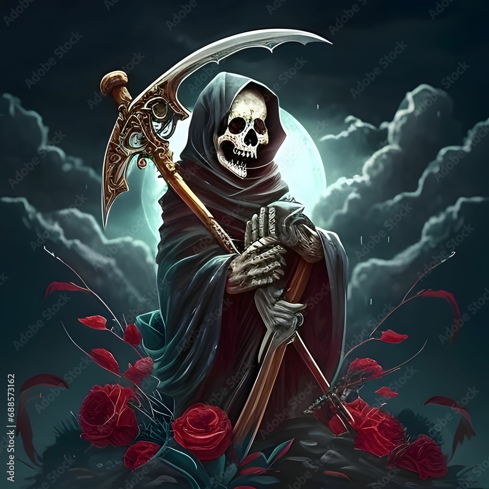 Wall mural Death, a mortician with a scythe and a dagger on a gray background of a conflagration of destruction. For the day of the dead and Halloween.