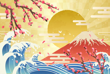 梅と波と富士山の日の出_和風イラスト_横6 - obrazy, fototapety, plakaty