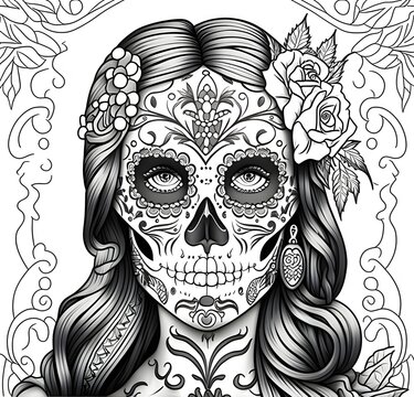Woman with long hair with painted face decorated with flowers, frames. For the day of the dead and halloween. Black and white picture coloring book.