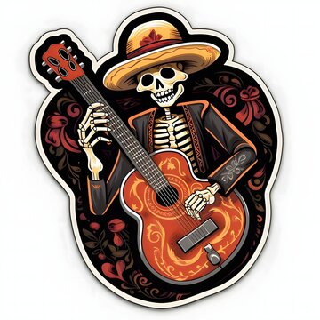 Sticker cheerful smiling skeleton elegantly dressed in a hat or having a guitar. For the day of the dead and halloween, white isolated background.