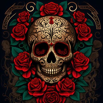 Golden human skull, surrounded by red roses and green leaves. For the day of the dead and Halloween.