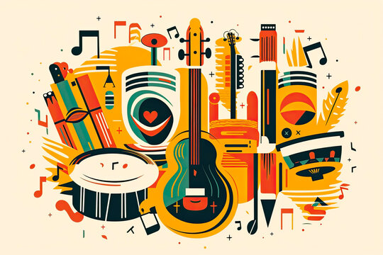 Illustration of traditional Brazilian instruments, such as the pandeiro and tamborim, that are essential to the carnival music