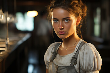 Portrait of beautiful woman housekeeper in victorian epoch