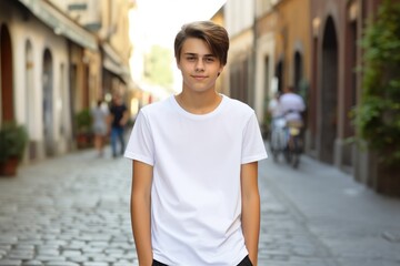 White blank t shirt mock up. Boy street background