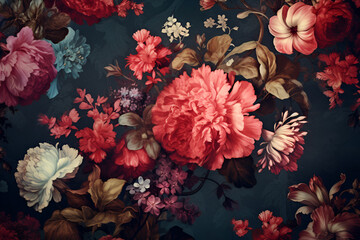 Vintage bouquet of beautiful peonies on black. Generated AI