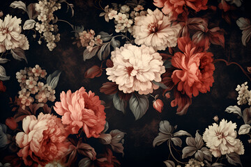 Vintage bouquet of beautiful peonies on black. Generated AI - obrazy, fototapety, plakaty