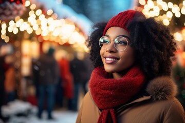 Happy attractive young black woman in glasses walking in Christmas holiday. Outside. Xmas fair....