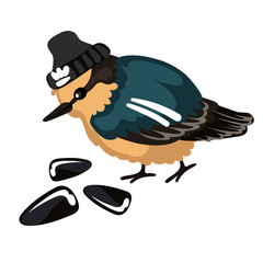 A cute sparrow in a sports uniform with seeds. Funny cartoon illustration of a small bird. Urban bird on the sport, hat, sports patches on the wings. The thunderstorm of the area, a dangerous bird