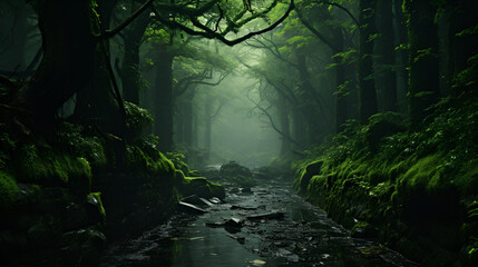 rain forest in the morning, scary view of jungle , jungle at night - obrazy, fototapety, plakaty