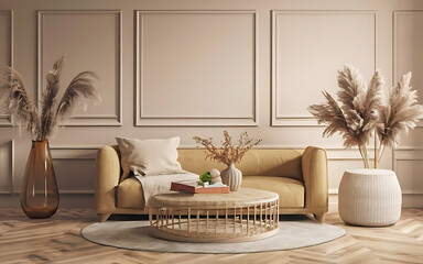 Scandinavian home interior design of modern living room. Grey sofa with blue pillows. Generative ai