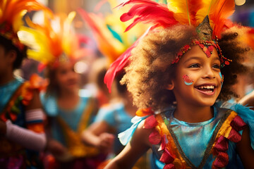 Children in colorful costumes participating in a carnival-themed parade - obrazy, fototapety, plakaty