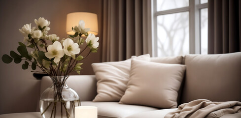 modern interior design living room with flowers, Generative AI 