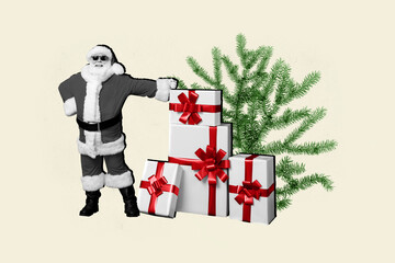 Creative collage picture of black white colors grandfather santa pile stack christmas giftbox isolated on beige background