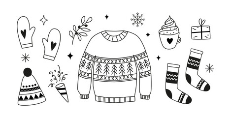 Winter clothes and essentials - linear clipart. Pullover, socks, mittens, hat. Outline doodles, icons, sketch. Christmas holidays. Coloring book.