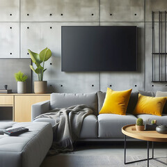 Minimalist loft home interior design of living room,Grey sofa, yellow pillows with tv. Generative ai