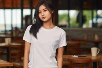 White blank t shirt mock up. Woman in cafe