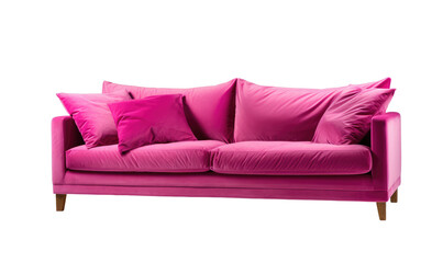 Elegant pink velvet sofa with plush cushions and pink cushions on a transparent background.
