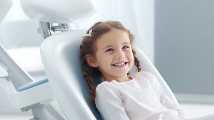 A cute little girl in a dental clinic/ Sitting in a dentist's chair and smiling a beautiful smile with white teeth