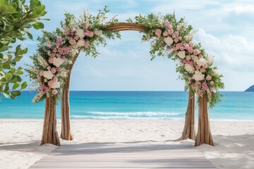 Wooden decorative arch with flowers on the beach