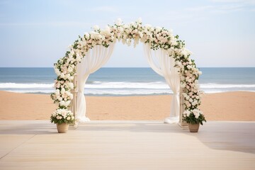 Wooden decorative arch with flowers on the beach