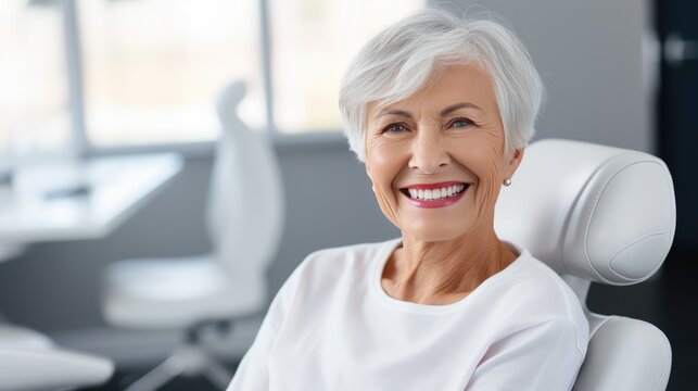 An elderly woman at the dental clinic smiles a smile with white, straight teeth. An appointment with a dentist