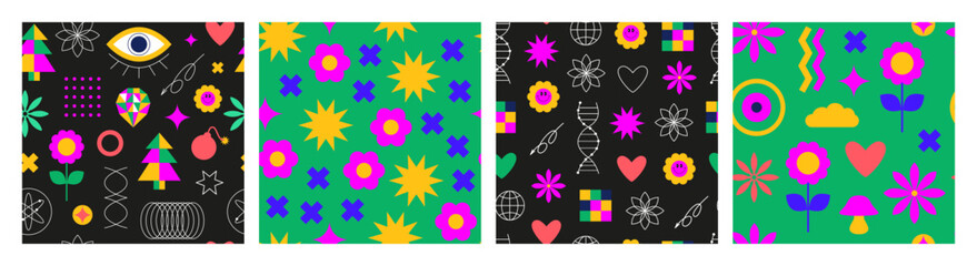 Modern geometric seamless patterns. Abstract background, digital paper. Bold brutalist elements. Line art, frames, flowers, shapes, figures, scribbles, memphis. 