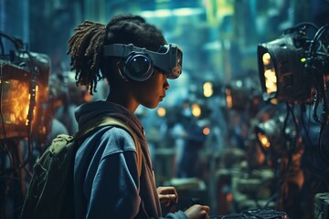 Obraz premium African American Girl Immersed in VR Headset, Exploring the Boundless Metaverse