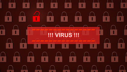 Virus alert, warning sign on screen. Cyber crime, hacking, threat, network security, computer virus.