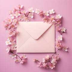 Top view envelope pretty pink blooms, on a soft pink background generated AI