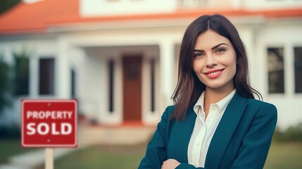 woman holding hands in front of a sold sign and house - obrazy, fototapety, plakaty